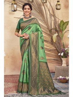 Sangam Prints - Light Green Cotton Woven Zari Work Traditional Tassel Saree with Unstitched Blouse