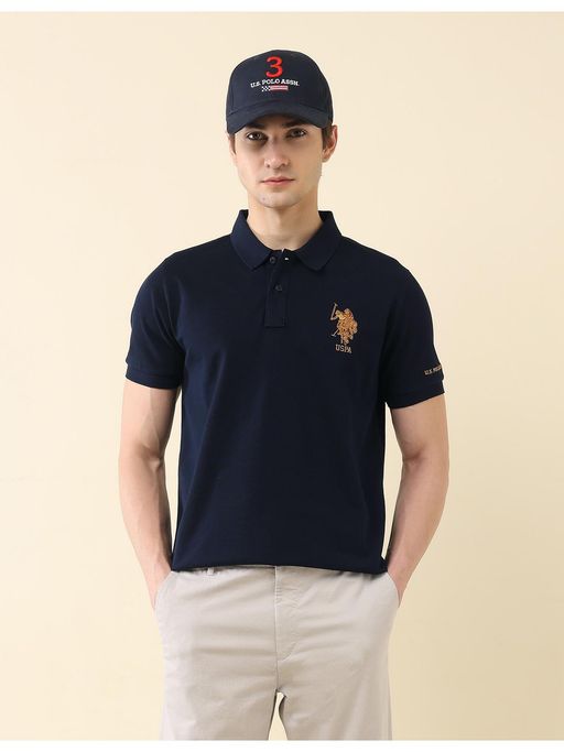 U.S. POLO ASSN. Mens Navy Blue Solid Pure Cotton Gold Cup Polo T-Shirt