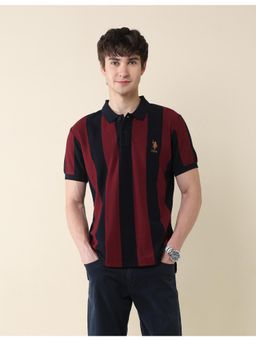 U.S. POLO ASSN. - Mens Red Vertical Stripes Pure Cotton Gold Cup Polo T-Shirt