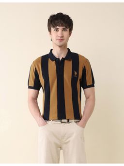U.S. POLO ASSN. - Mens Brown Vertical Stripes Pure Cotton Gold Cup Polo T-Shirt