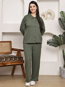 Kanvin - Womens Winter Wear Green Shirt with Pyjama