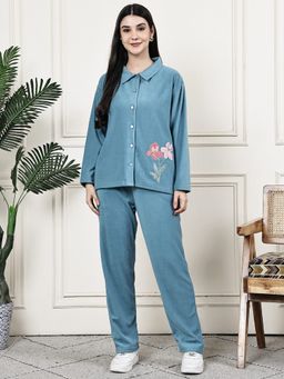Kanvin - Womens Winter Wear Blue Shirt with Pyjama