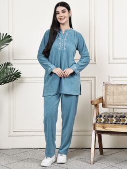Kanvin - Womens Winter Wear Blue Top with Pyjama