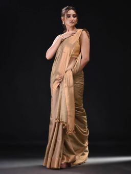 Beatitude - Beige Slub Cotton Woven Saree with Golden Border with Unstitched Blouse