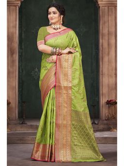 Sangam Prints - Parrot Green Silk Woven Zari Work Traditional Saree with Unstitched Blouse