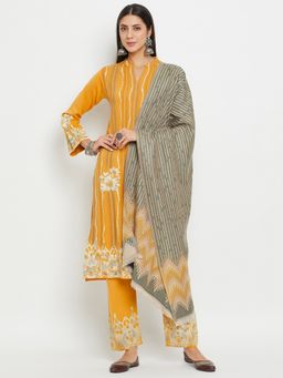 ZIGO - Women's Printed Acrylic Kurta with Pant & Dupatta Mustard (Set of 3)