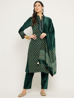 ZIGO - Women's Printed Velvet Kurta with Pant & Dupatta Green (Set of 3)