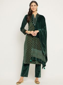 ZIGO - Women's Printed Velvet Kurta with Pant & Dupatta Green (Set of 3)