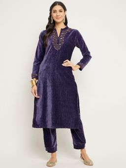 ZIGO - Women's Embellished Velvet Kurta with Pant Beige (Set of 2)