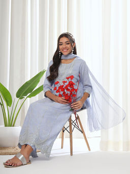 Heeposh - Light Blue Cotton Embroidered Kurta with Chiffon Dupatta (Set of 3)