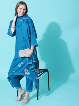 Heeposh - Beautiful Embroidered Asymmetrical Kurta with Solid Dupatta (Set of 3)