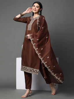 Heeposh - Brown Embroidered Kurta with Scallop Dupatta (Set of 3)