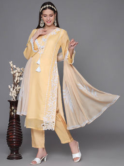 Heeposh - Pale Yellow Embroidered Straight Kurta with Printed Dupatta (Set of 3)