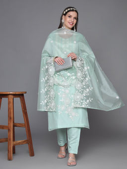Heeposh - Pastel Teal Embroidered Silk Kurta with Embroidered Organza Dupatta (Set of 3)