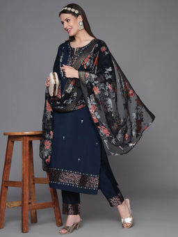 Heeposh - Blue Muslin Silk Printed Kurta with Hand Work Detailing (Set of 3)