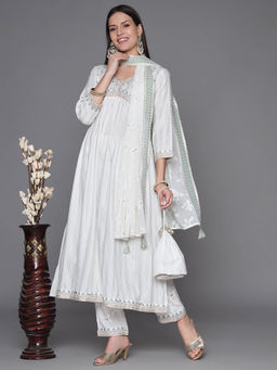 Heeposh - White Embroidered Yoke Kurta with Dupatta (Set of 3)