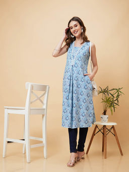 Globus - Women Blue Floral Print A-Line Fusion Kurta