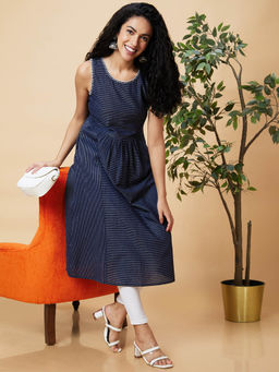 Globus - Women Blue Kantha Stitch Highlight Round Neck Panelled A-Line Kurta