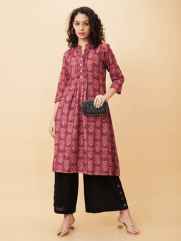 Globus - Women Maroon Printed Mandarin Collar A-Line Kurta