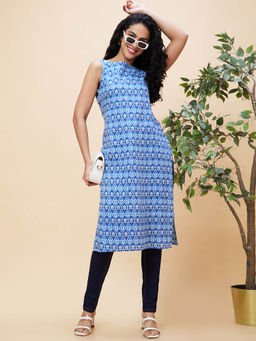 Globus - Women Indigo Boat Neck Button Detailing Sleeveless Fusion Straight Kurta