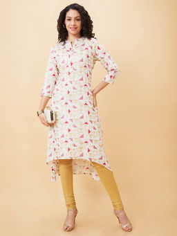 Globus - Women Off White Printed Mandarin Collar A-Line Kurta