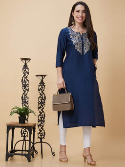 Globus - Women Blue Floral Yoke Embroidered Round Neck Straight Kurta with Pockets