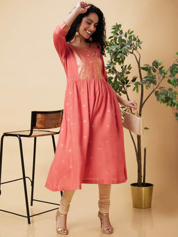 Globus - Women Coral Ethnic Motifs Foil Print Round Neck A-Line Kurta