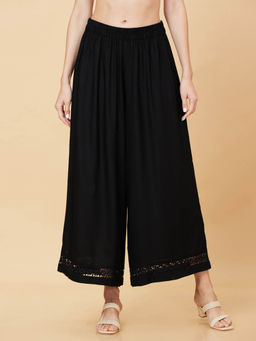 Globus - Women Black Floral Lace Hem Design Wide Leg Ethnic Palazzos