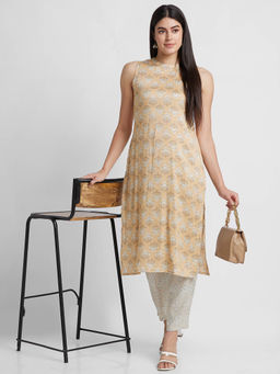 Globus - Women Yellow Printed Straight Kurta with Pants (Set of 2)
