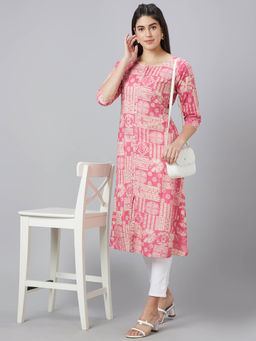 Globus - Women Pink Geometric Indie Prints Front Slit A-Line Kurta