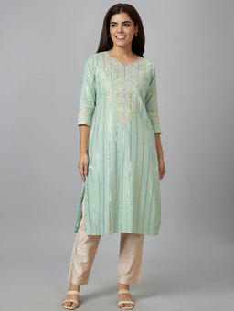 Globus - Women Sea Green Embroidered Straight Kurta