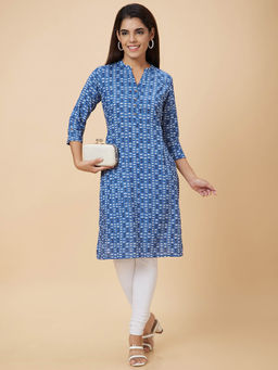 Globus - Women Blue Mandarin Collar Geometric Print Straight Knee Length Kurta