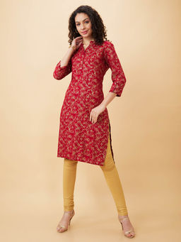Globus - Women Red Printed Mandarin Collar Straight Kurta
