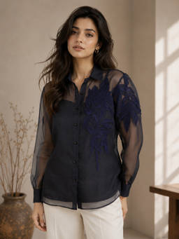 House Of Muher - Izel Organza Embroidered Shirt- Navy Blue