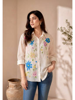 House Of Muher - Virella Mul-Chanderi Embroidered Shirt Off White