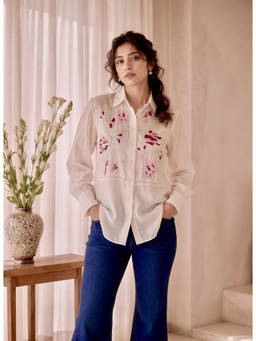 House Of Muher - Virella Mul-Chanderi Embroidered Shirt Off White