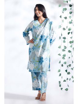 BREATH:ABLES - Blue Floral Print Cotton Long Kurta with Pant