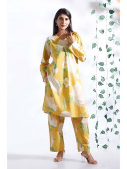 BREATH:ABLES - Yellow Floral Print Cotton Long Kurta with Pant