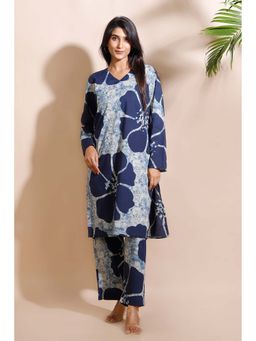 BREATH:ABLES - Blue Floral Print Cotton Long Kurta with Pant