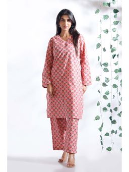 BREATH:ABLES - Pink Indian Motif Butta Print Cotton Loungewear Long Kurta with Pant