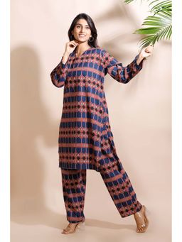 BREATH:ABLES - Blue Geometric Print Cotton Long Kurta with Pant