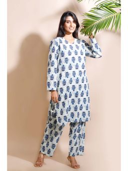 BREATH:ABLES - Cream Butta Print Cotton Long Kurta with Pant
