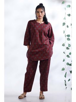 BREATH:ABLES - Women’s Wine Cotton Indian Motif Butta Loungewear Kurta with Pant