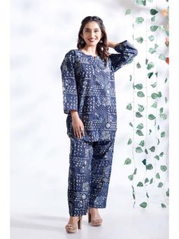 BREATH:ABLES - Women’s Blue Cotton Printed Loungewear Kurta with Pant