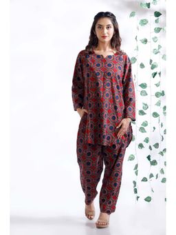 BREATH:ABLES - Red Cotton Abstract Print Loungewear Kurta with Pant
