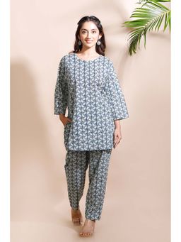 BREATH:ABLES - Blue Cotton Abstract Print Loungewear Kurta with Pant