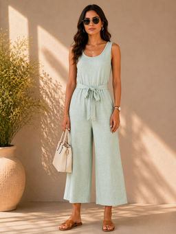 BRINNS - Green Round Neck Sleeveless Jumpsuit with Belt
