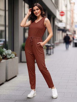 BRINNS - Brown V-Neck Basic Jumpsuit