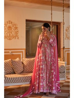 Kapraaha - Pink Floral Angarkha Kurta with Pant and Dupatta (Set of 3)