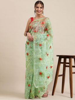Vastranand - Green & Red Ethnic Motifs Organza Saree with Unstitched Blouse